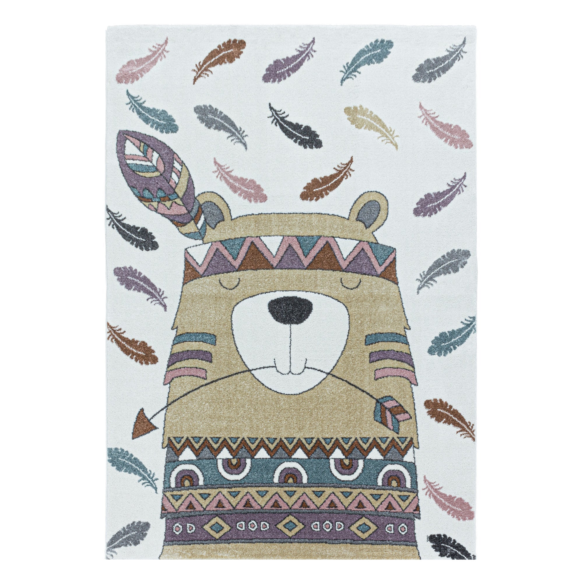 Kurzflor Kinderteppich Design Indianer Bär Feder Kinderzimmer Teppich Gelb