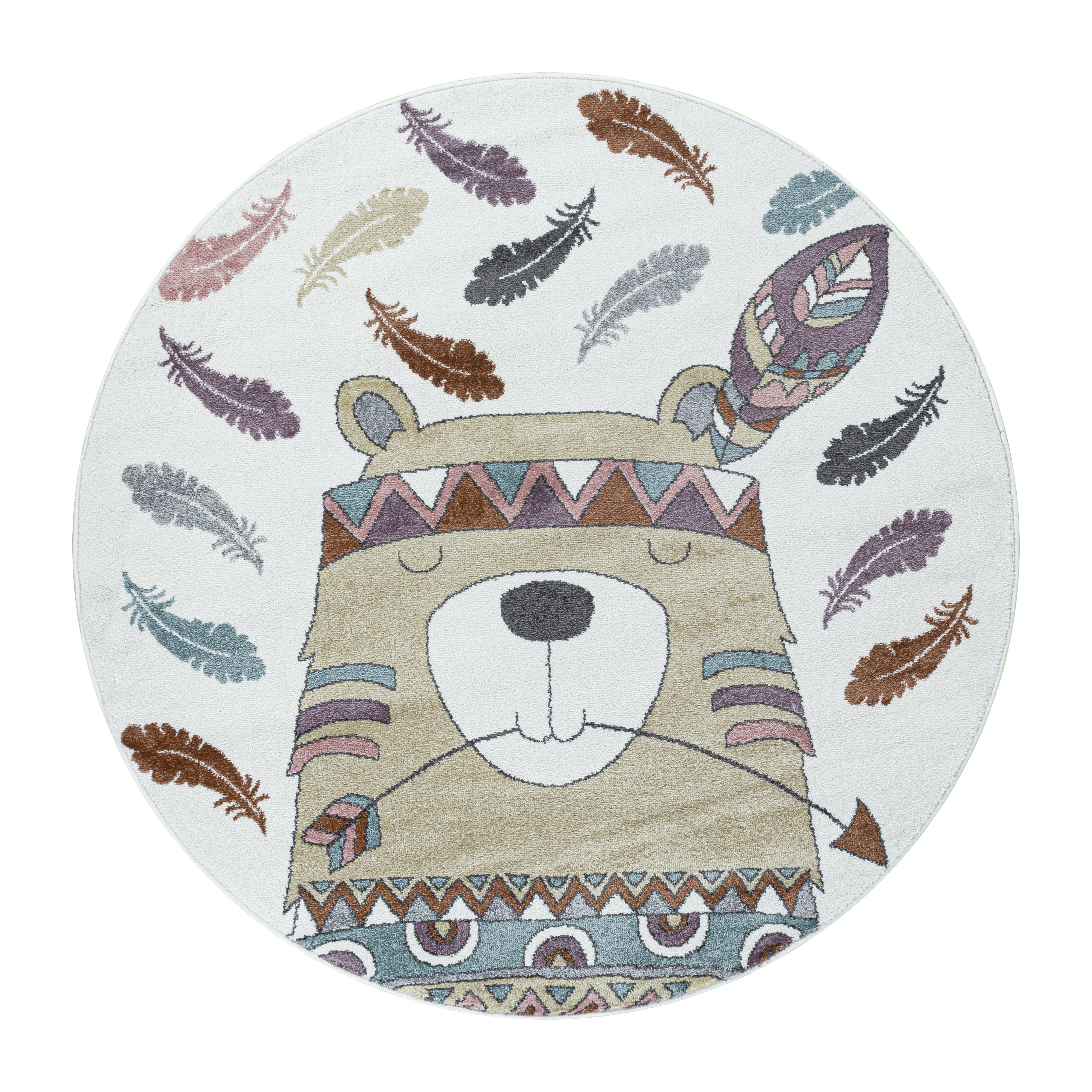 Kurzflor Kinderteppich Design Indianer Bär Feder Kinderzimmer Teppich Gelb