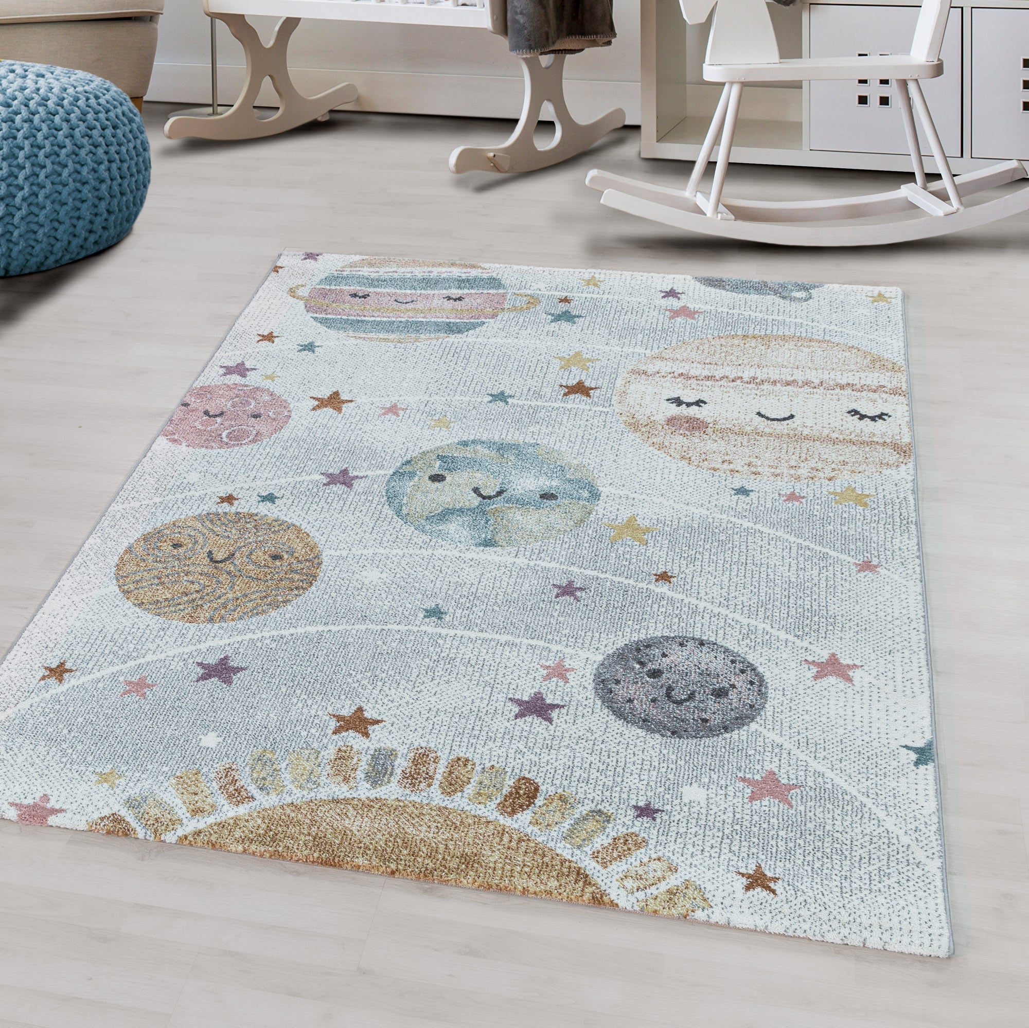 Kurzflor Kinderteppich Design Planet Weltall Mond Kinderzimmer Teppich Weiss