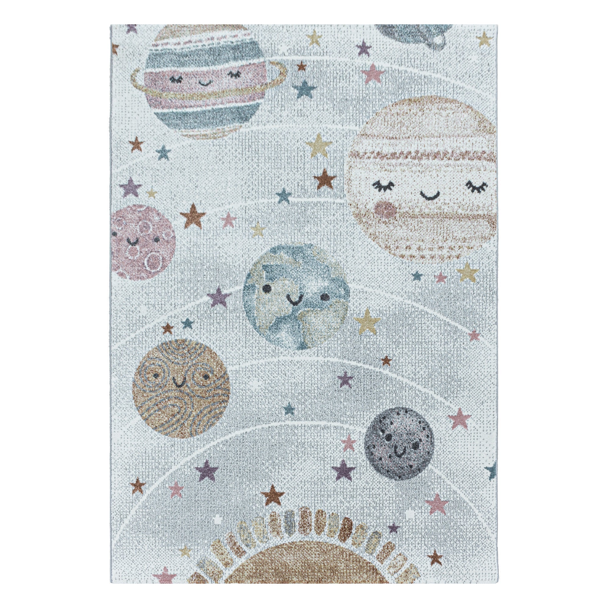 Kurzflor Kinderteppich Design Planet Weltall Mond Kinderzimmer Teppich Weiss