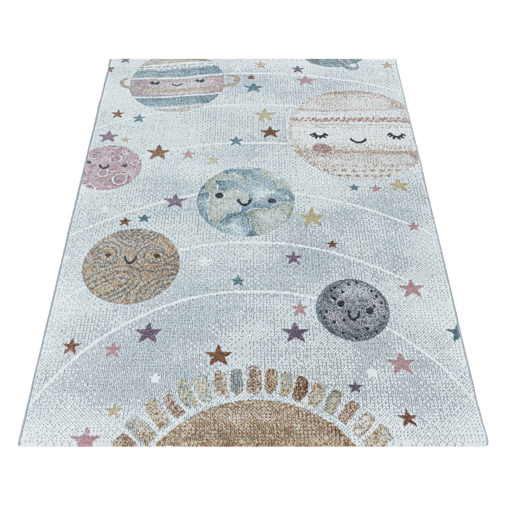 Kurzflor Kinderteppich Design Planet Weltall Mond Kinderzimmer Teppich Weiss