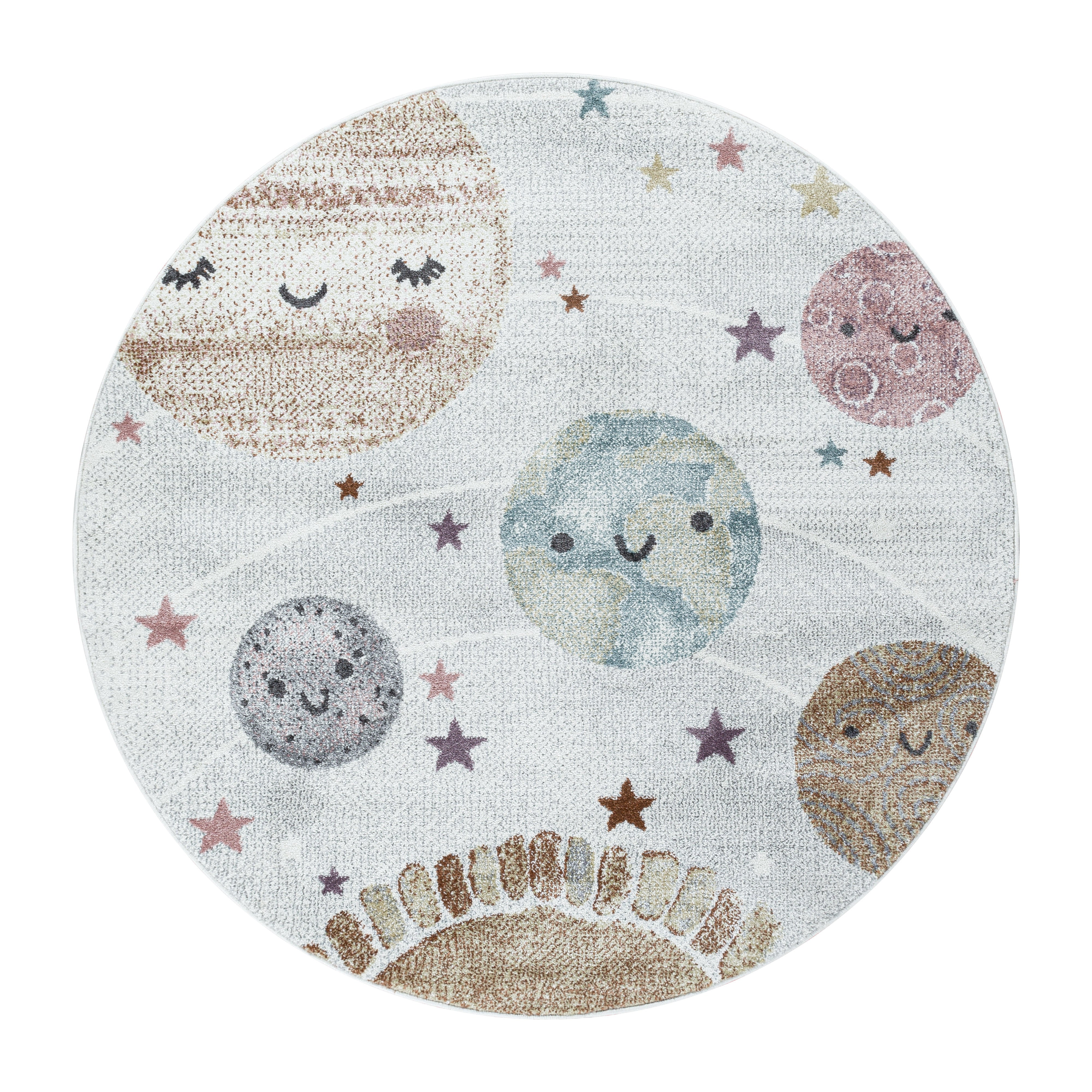 Kurzflor Kinderteppich Design Planet Weltall Mond Kinderzimmer Teppich Weiss