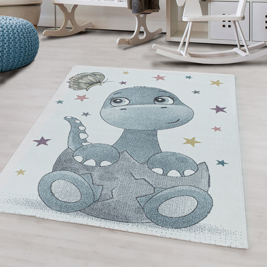 Kısa tüylü çocuk halısı tasarımı Dino Baby Saurian çocuk odası halısı mavi