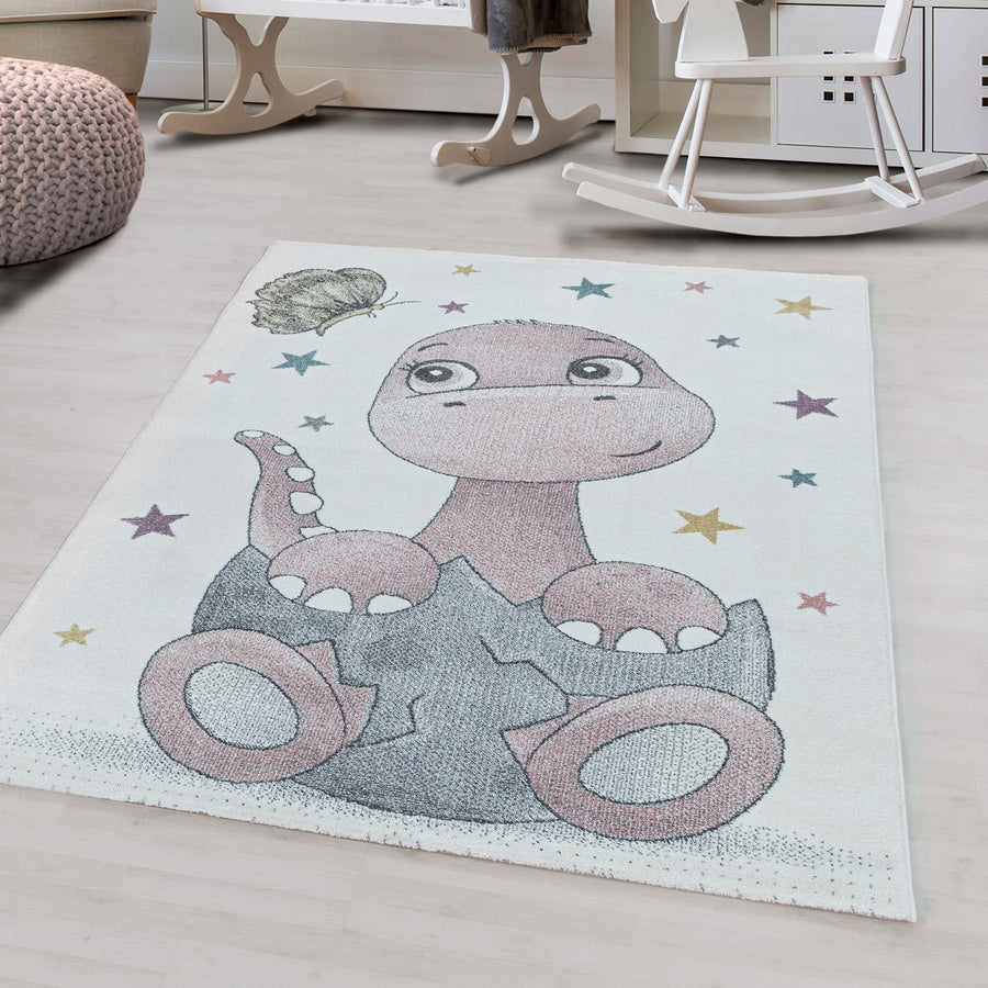 Kısa tüylü çocuk halısı tasarımı Dino Baby dinozor çocuk odası halısı pembe