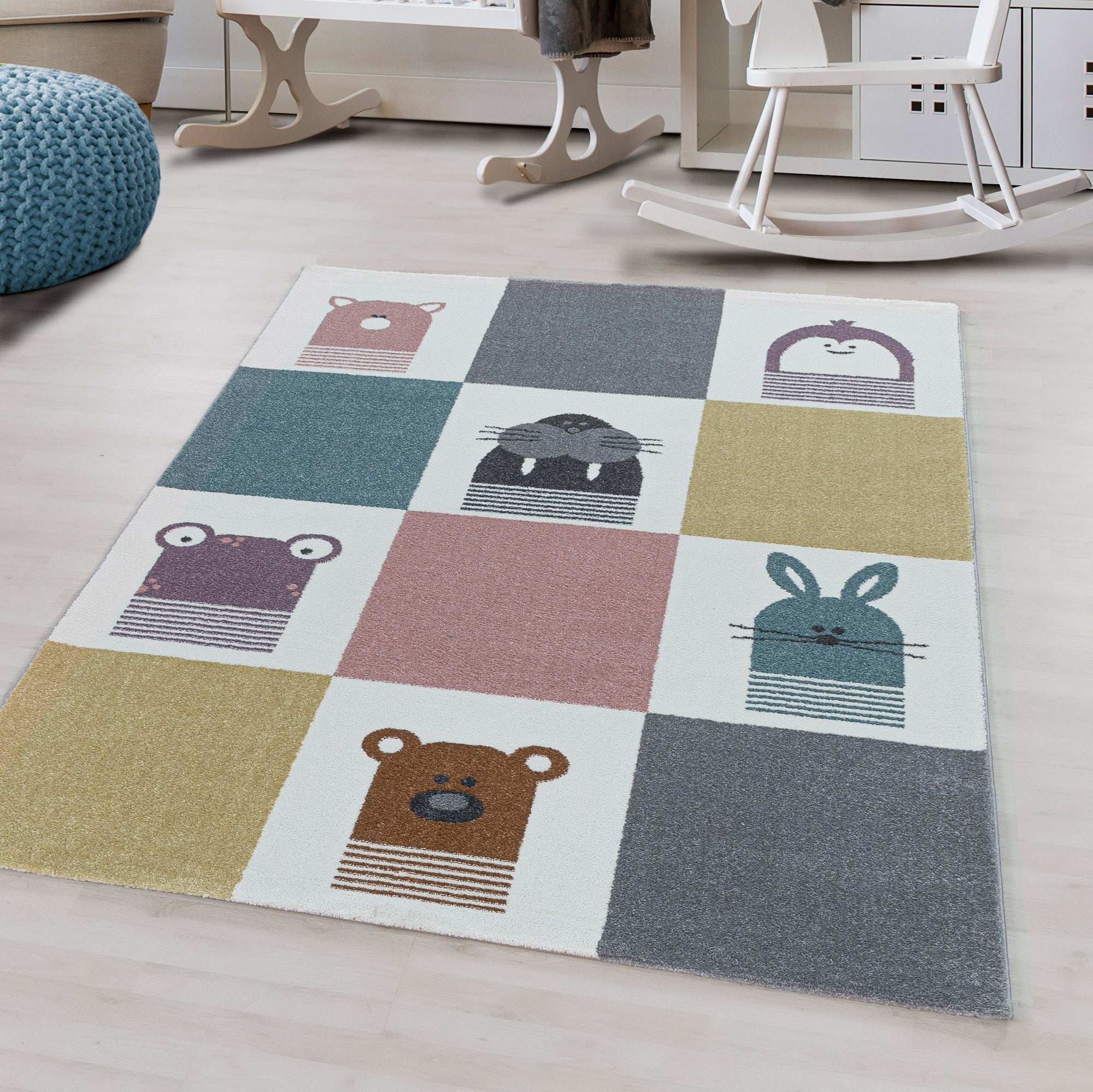 Kurzflor Kinderteppich Design Walross Hase Bär Kinderzimmer Teppich Mehrfarbig