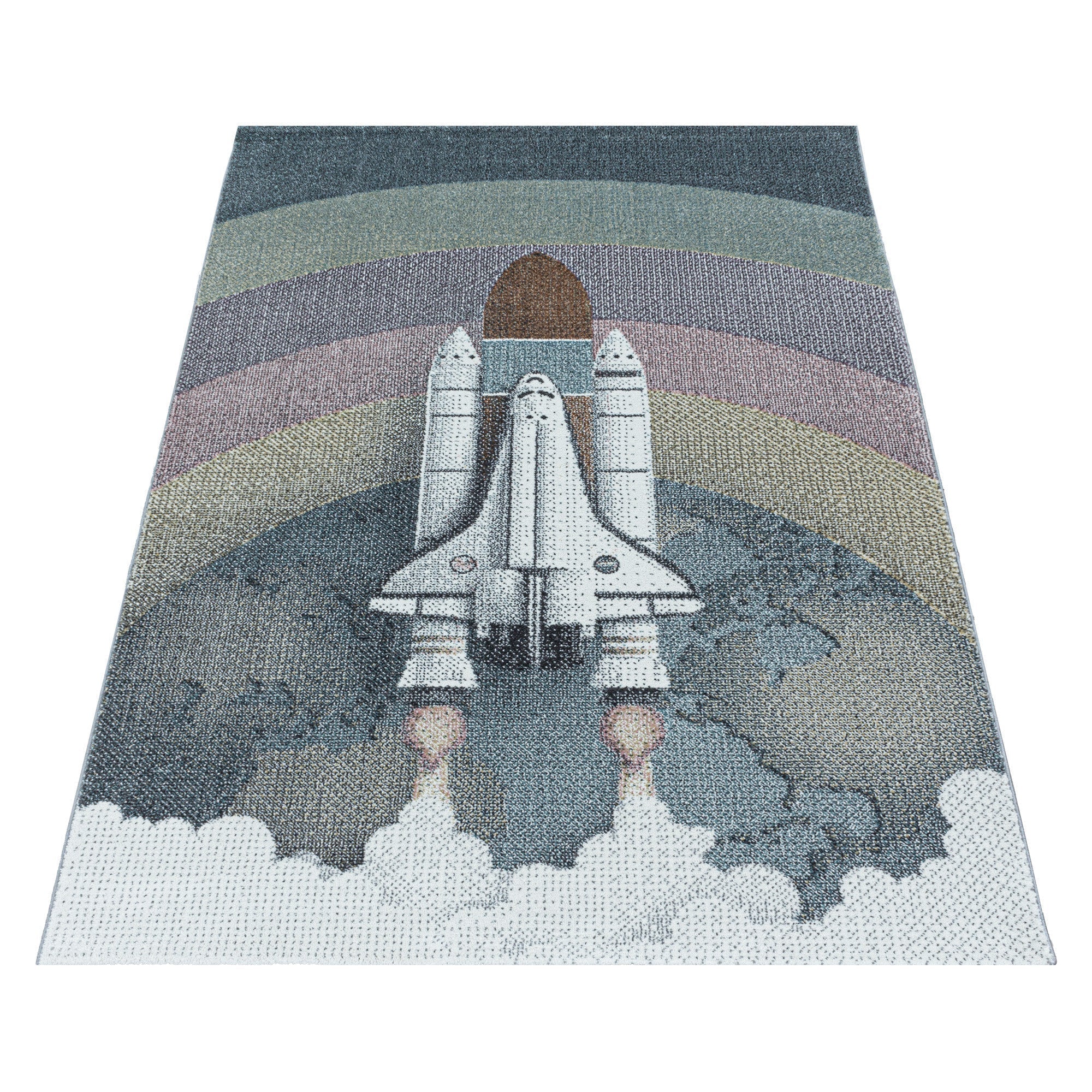 Kurzflor Kinderteppich Rakete Raumschiff Shuttle Kinderzimmer Teppich Blau