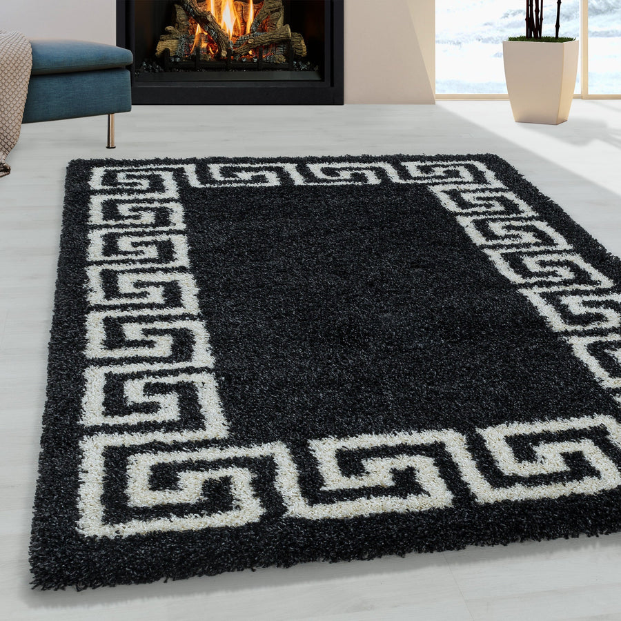 Anthrazit Hochflor Teppich | Antik & Weiß