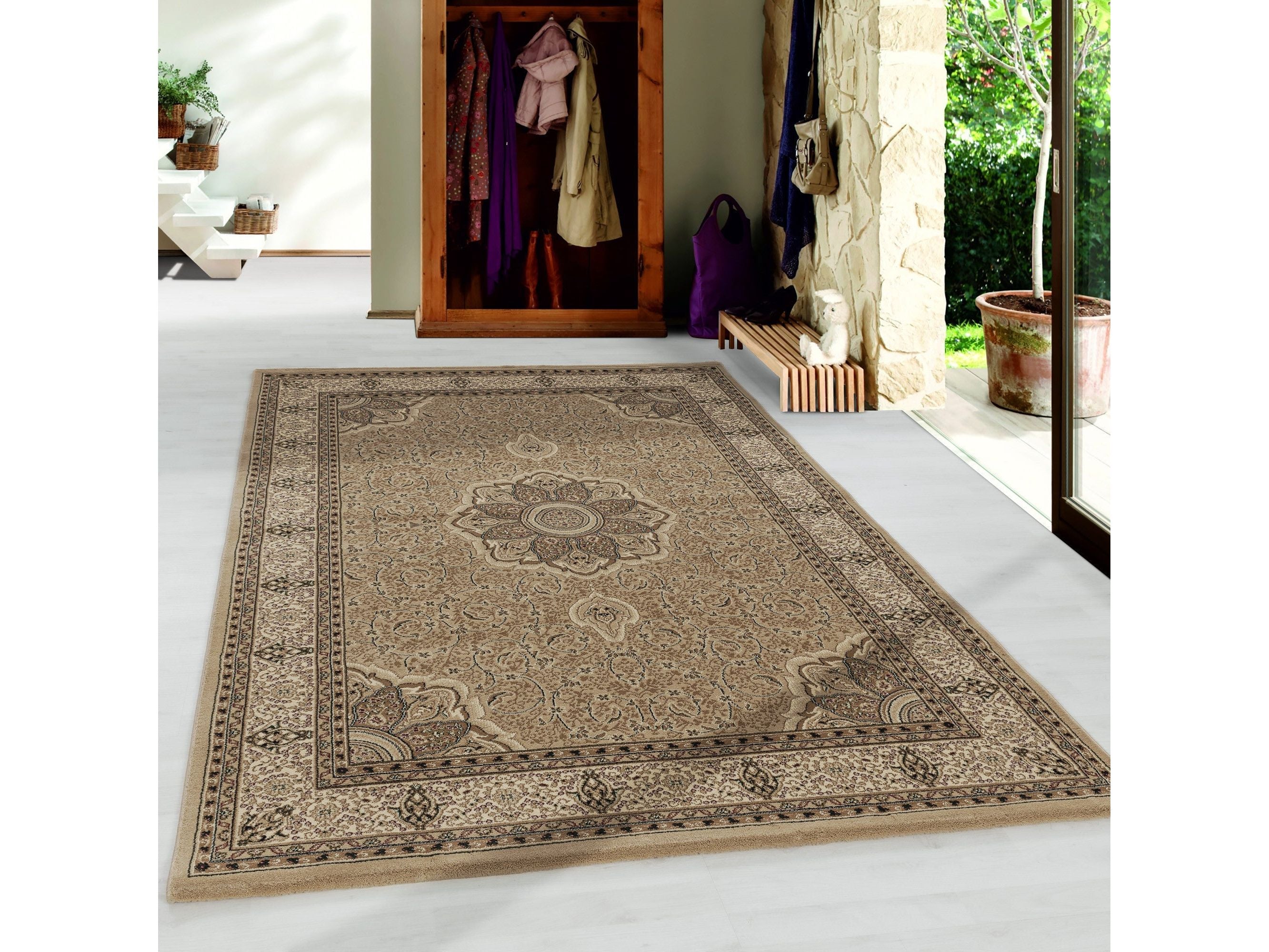 Wohnzimmer Teppich Kurzflor Design Orient Teppich Klassik Ornament Bordüre Beige