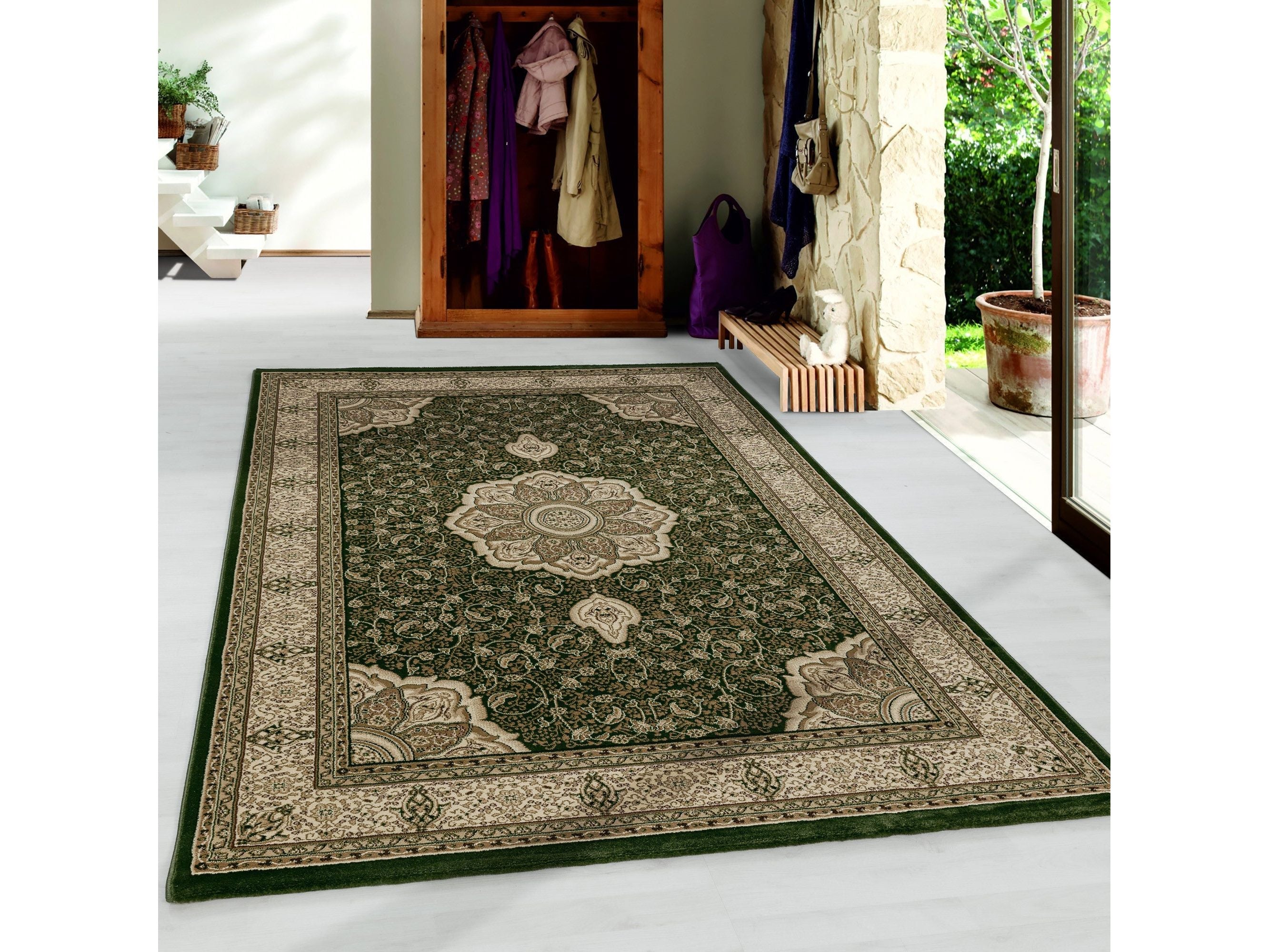Wohnzimmer Teppich Kurzflor Design Orient Teppich Klassik Ornamente Bordüre Grün