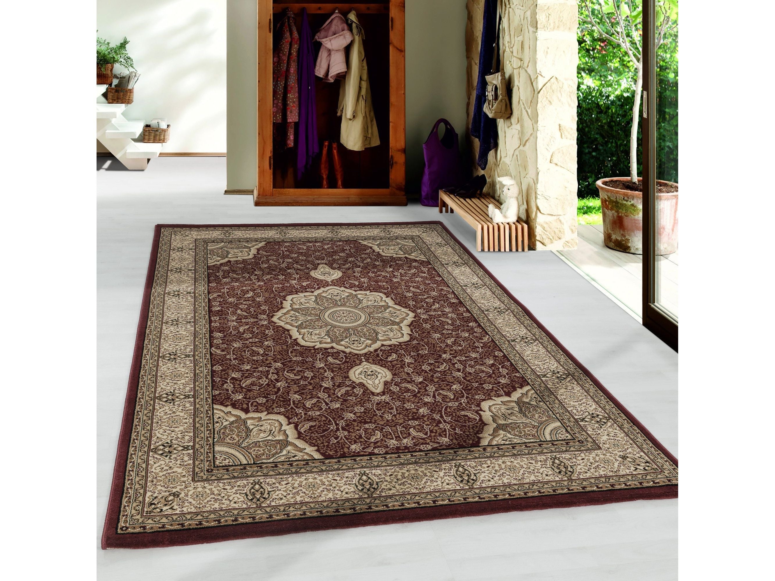 Wohnzimmer Kurzflor Teppich Design Orient Teppich Klassik Ornamente Bordüre Rot