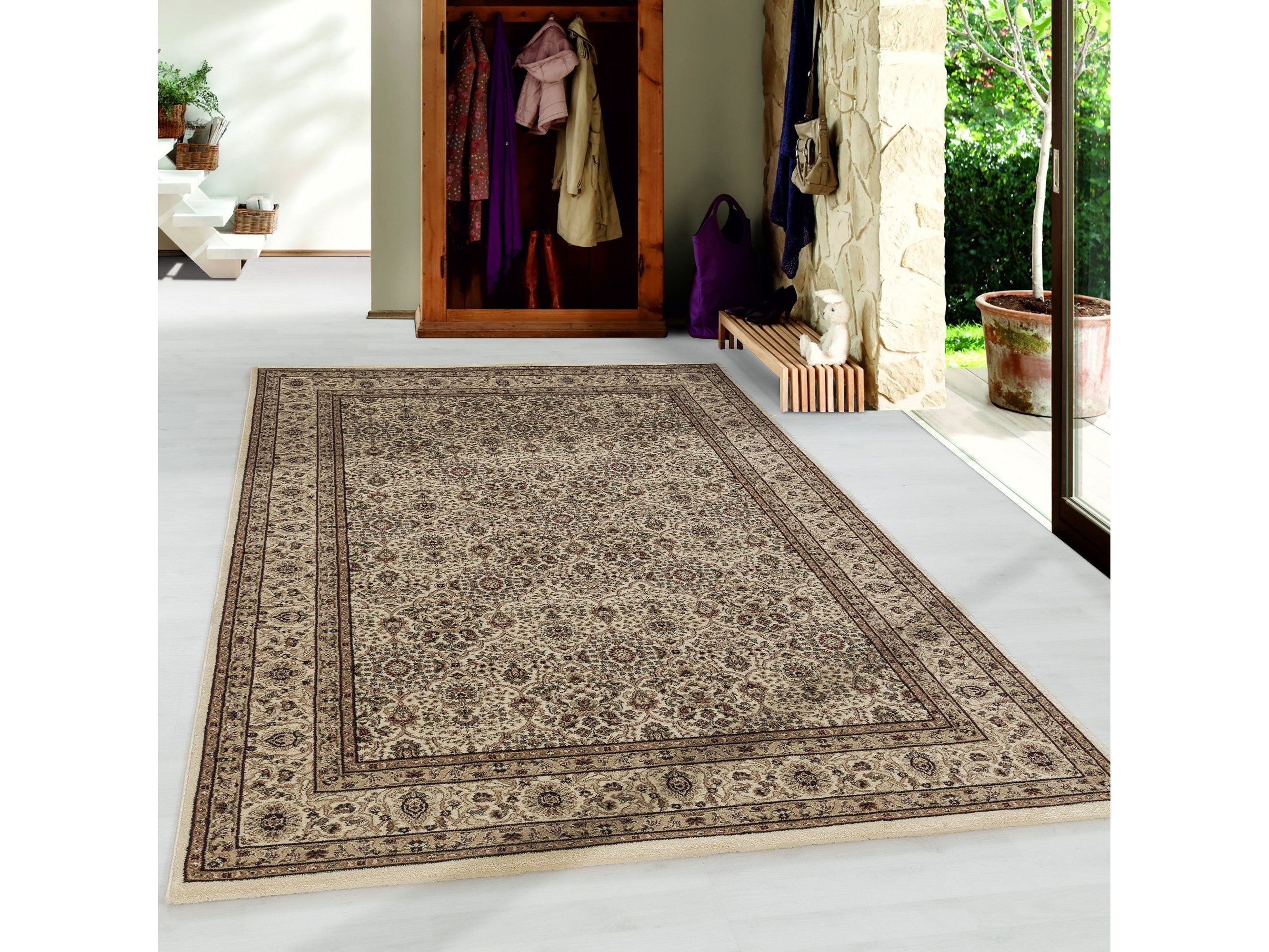 Wohnzimmer Kurzflor Teppich Design Orient Teppich Klassik Antike Ornamente Beige
