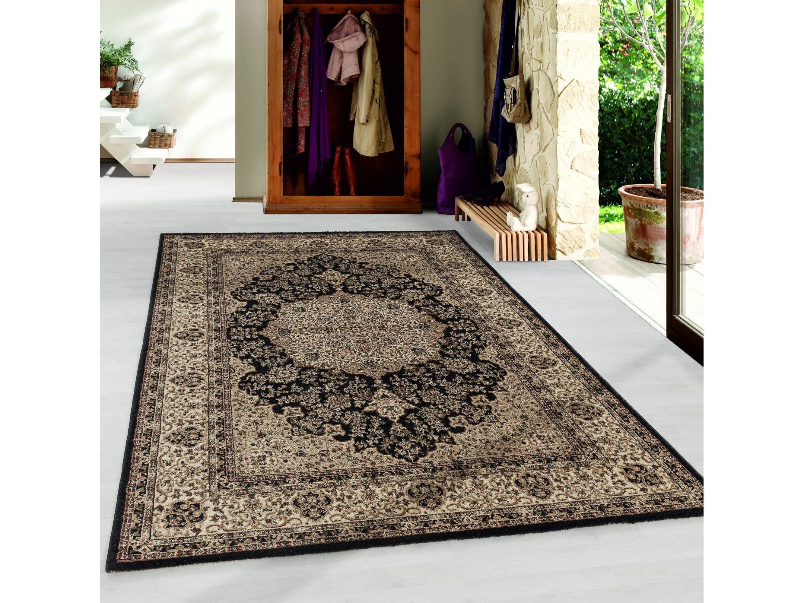 Kurzflor Teppich Klassik Design Orient Antike Nain Wohnzimmer Teppich Schwarz