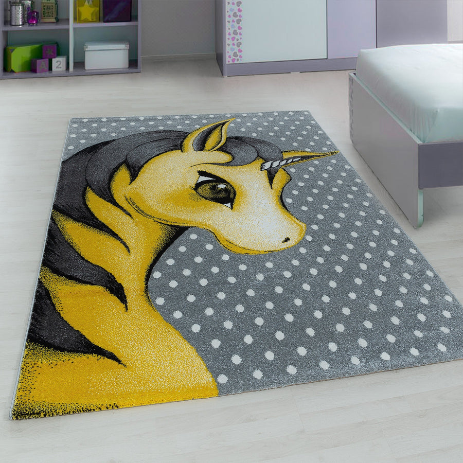 Çocuk halısı çocuk odası halısı unicorn desen gri-beyaz-sarı