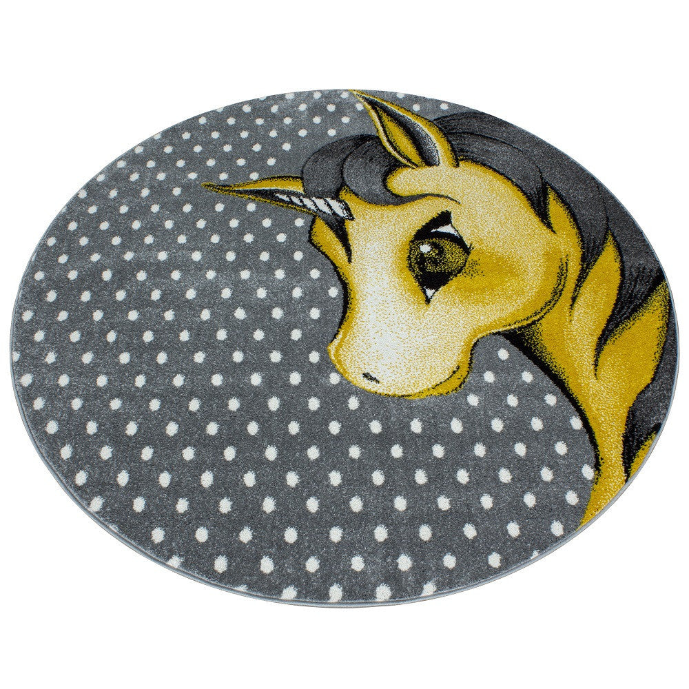 Kinderteppich Kinderzimmer Teppich Einhorn Muster Grau-Weiß-Gelb