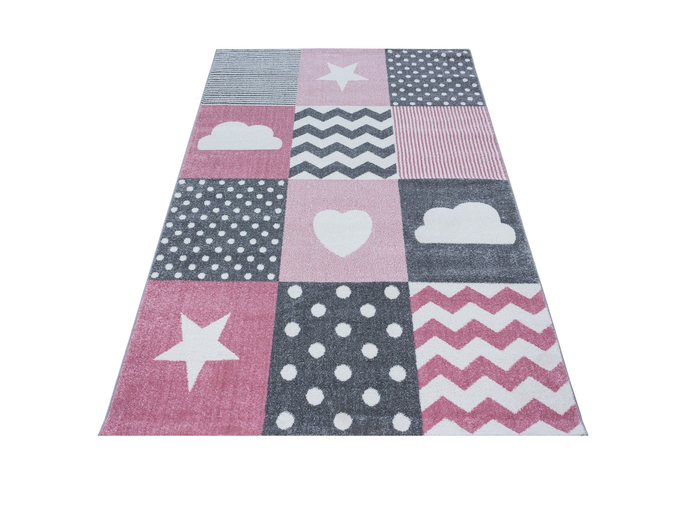 Kinderteppich Kinderzimmer kariert Wolken Sterne Herz Grau Pink Weiß
