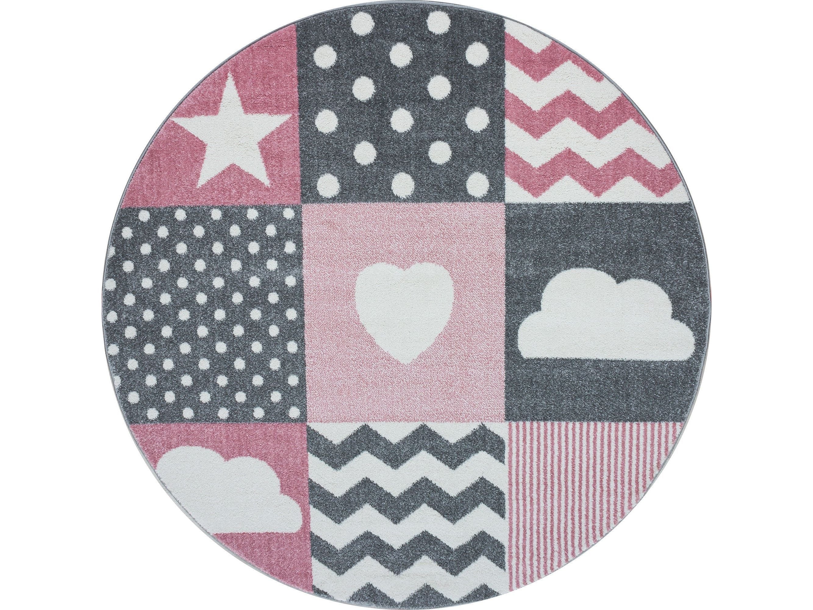 Kinderteppich Kinderzimmer kariert Wolken Sterne Herz Grau Pink Weiß