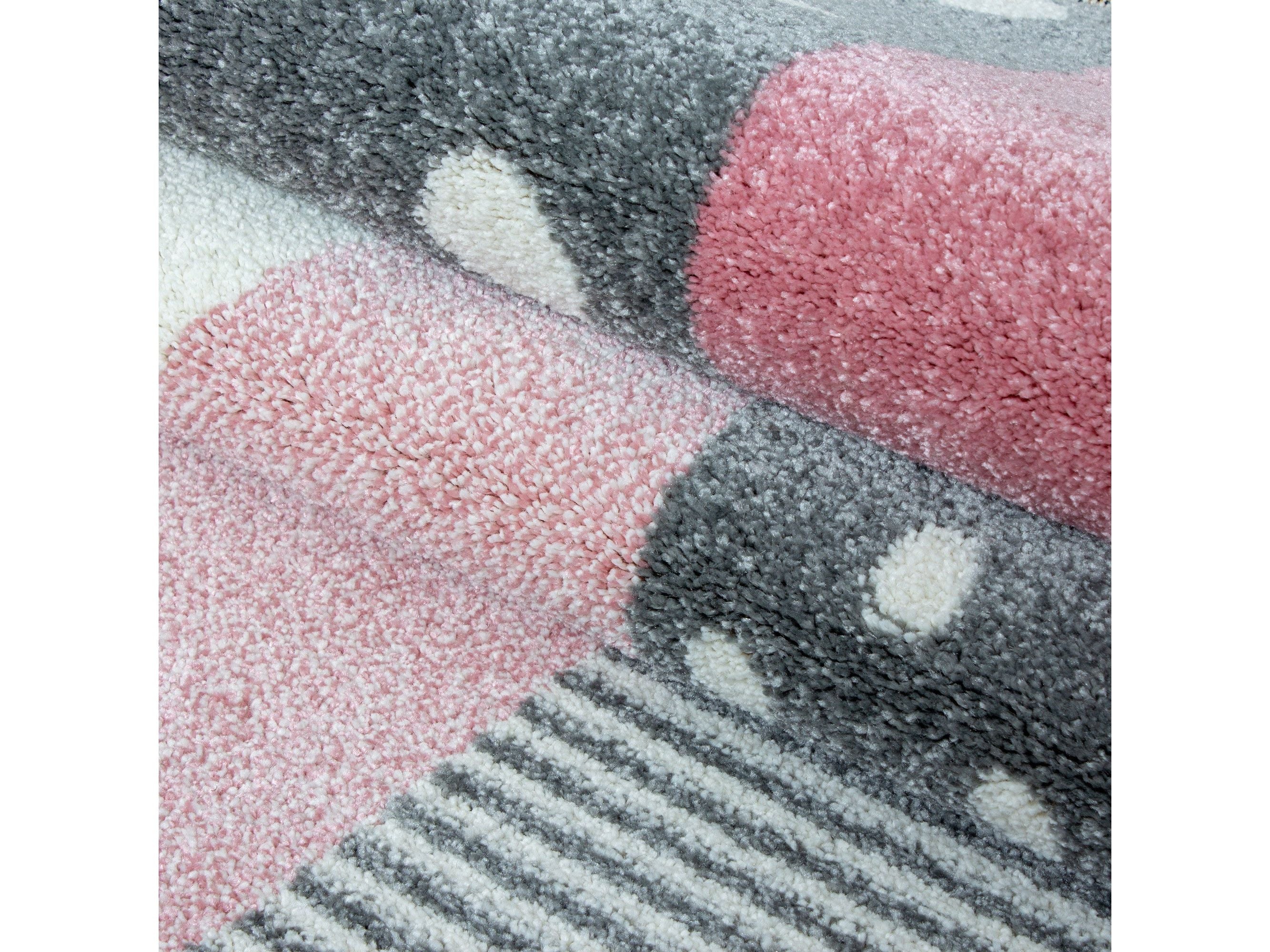 Kinderteppich Kinderzimmer kariert Wolken Sterne Herz Grau Pink Weiß