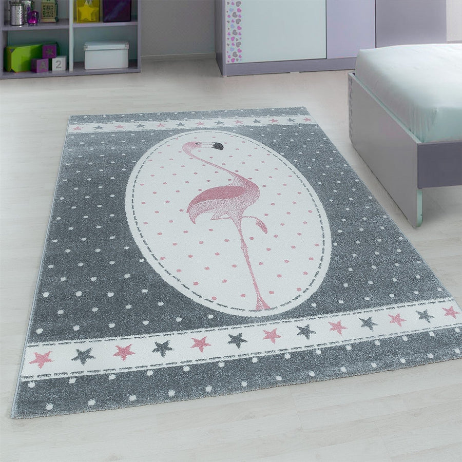 Çocuk halısı çocuk odası flamingo yıldız desenli pembe gri beyaz