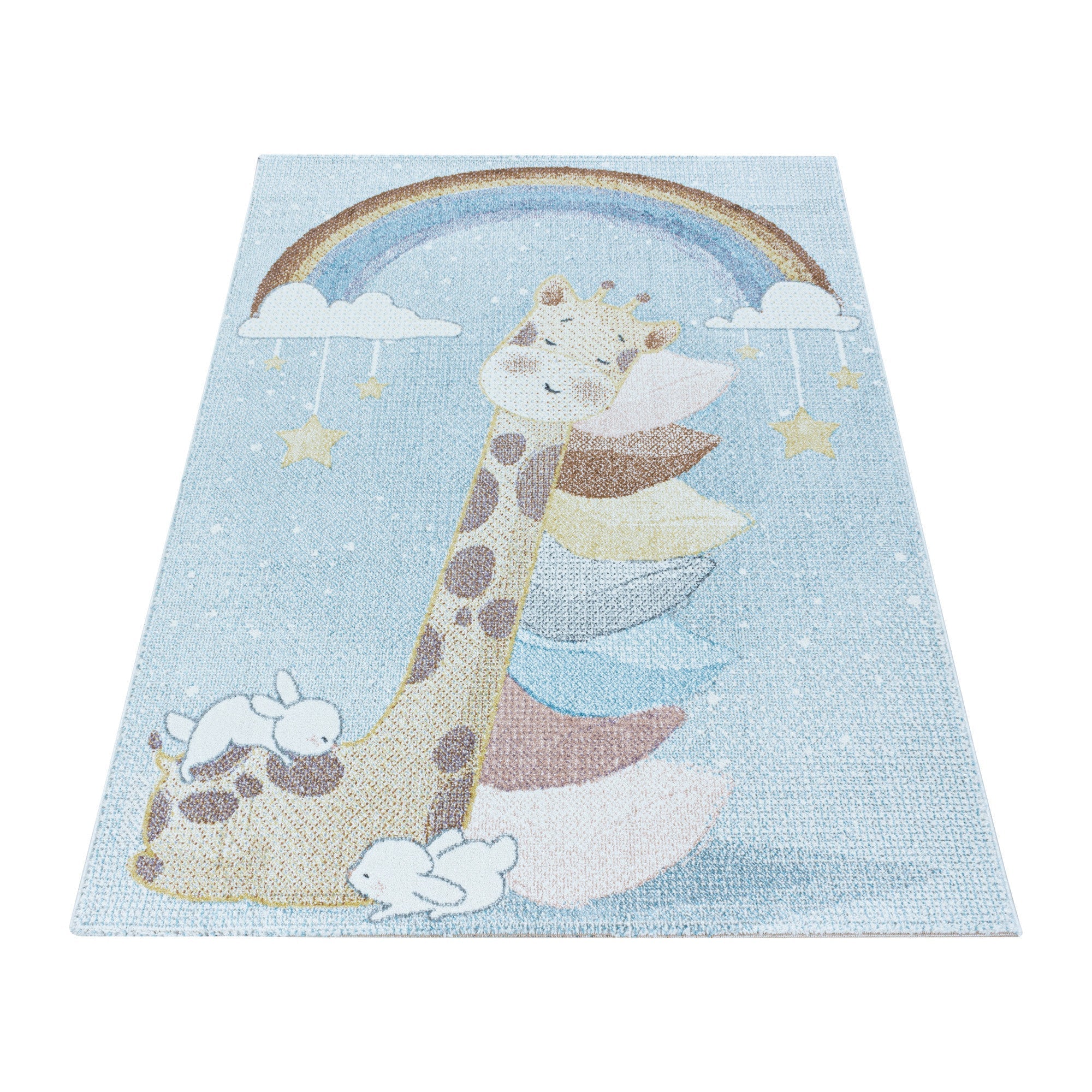 Kinderteppich Kurzflor Teppich Kinderzimmer Regenbogen Giraffe Weich Blau