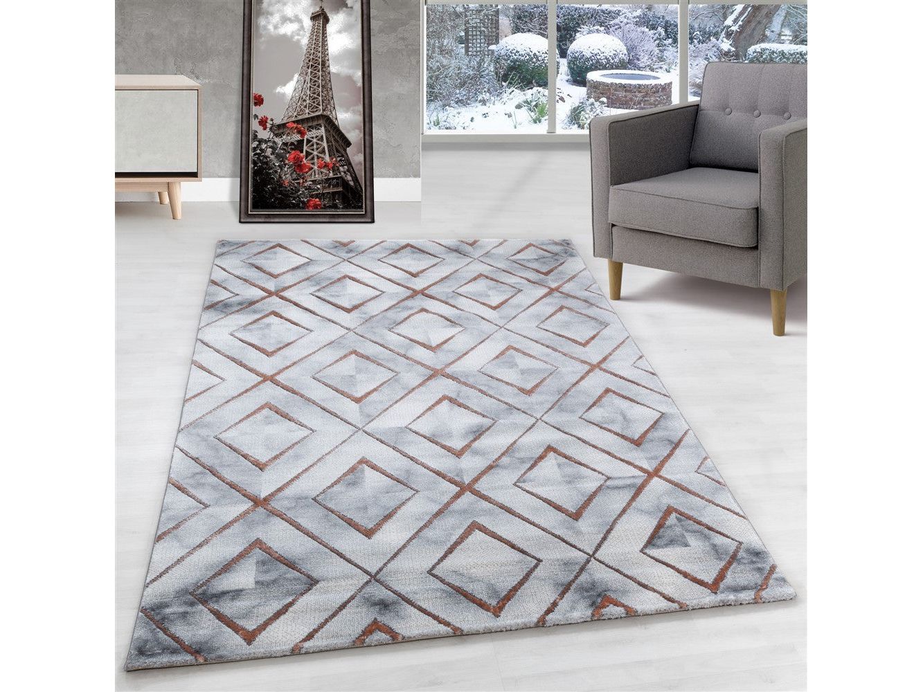 Wohnzimmerteppich Kurzflor Teppich Design Marmoriert Raute Karo Bronze