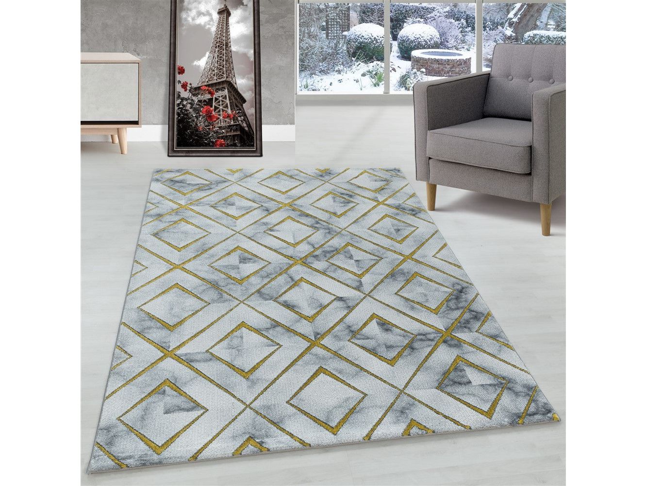 Wohnzimmerteppich Kurzflor Teppich Design Marmoriert Rauten Karo Gold