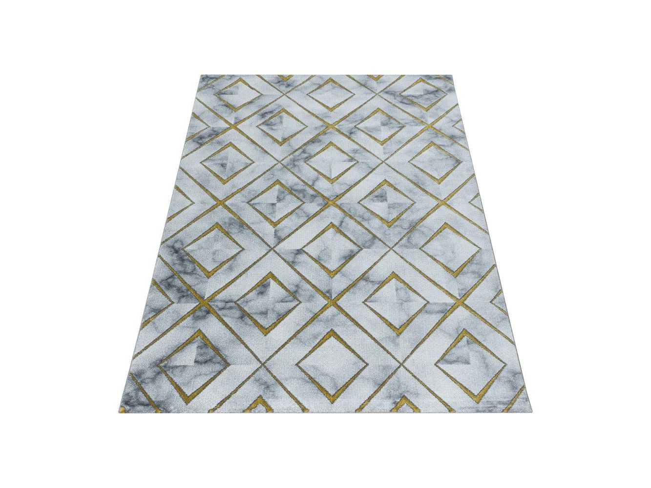Wohnzimmerteppich Kurzflor Teppich Design Marmoriert Rauten Karo Gold