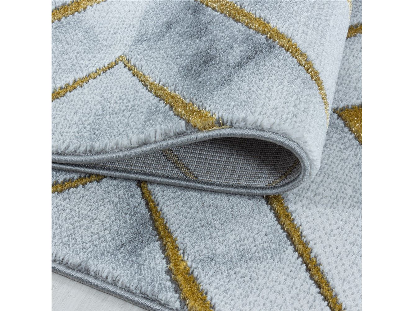 Wohnzimmerteppich Kurzflor Teppich Design Marmoriert Rauten Karo Gold