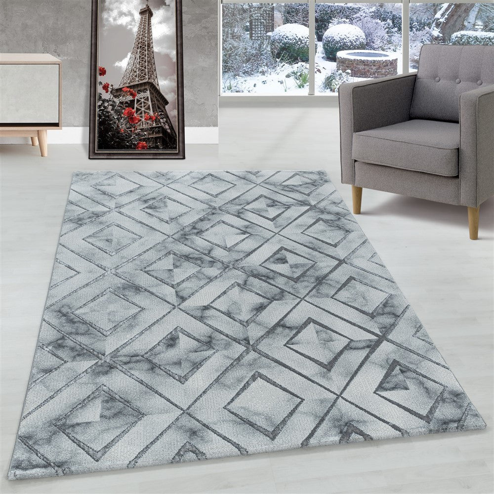 Wohnzimmerteppich Teppich Kurzflor Muster Marmoriert Rauten Karo Silber