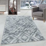 Wohnzimmerteppich Teppich Kurzflor Muster Marmoriert Rauten Karo Silber