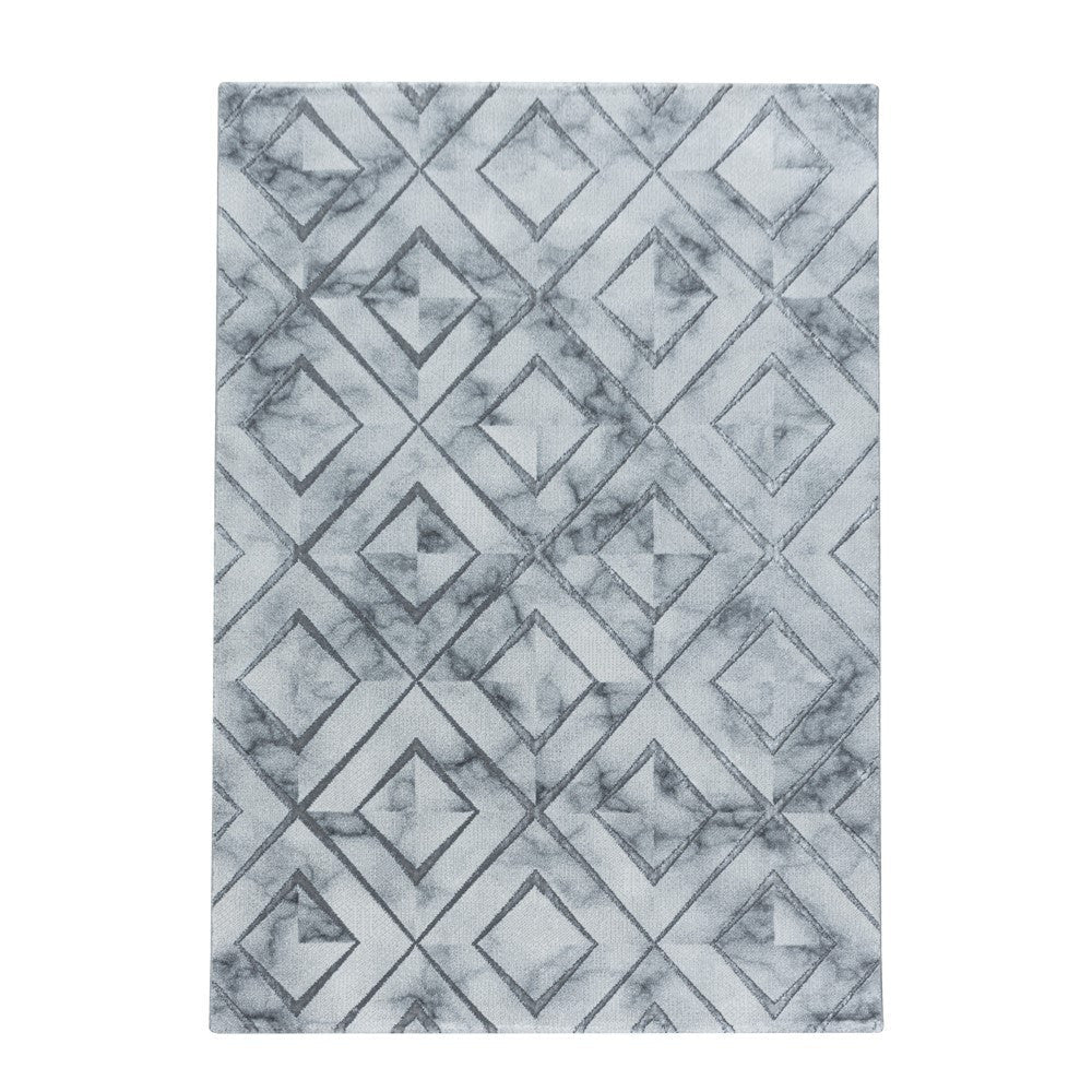 Wohnzimmerteppich Teppich Kurzflor Muster Marmoriert Rauten Karo Silber