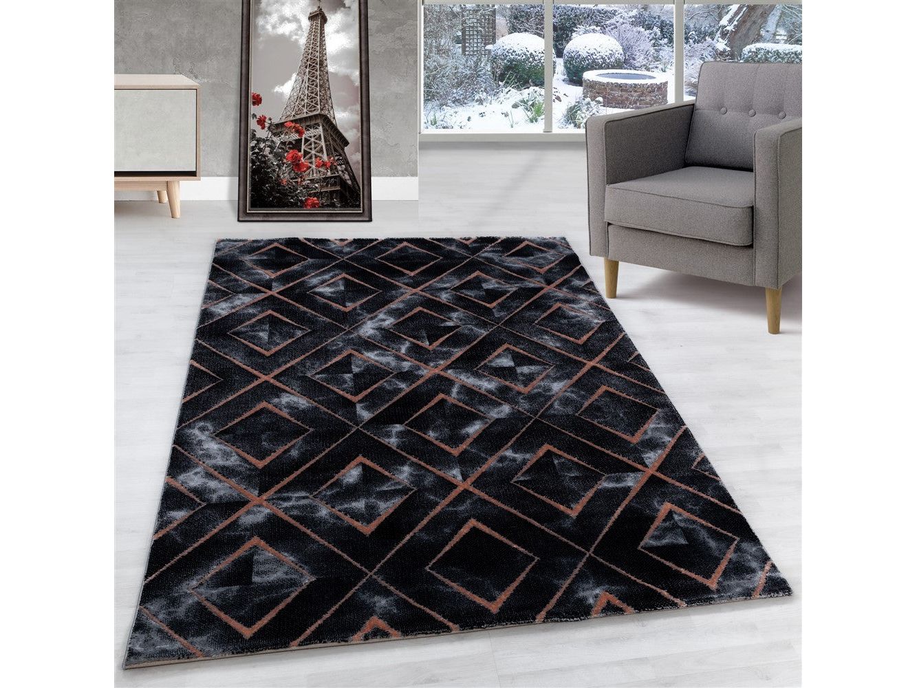 Wohnzimmerteppich Kurzflor Teppich Dunkel Marmoriert Rauten Karo Bronze