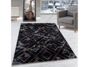 Wohnzimmerteppich Kurzflor Teppich Dunkel Marmoriert Rauten Karo Bronze