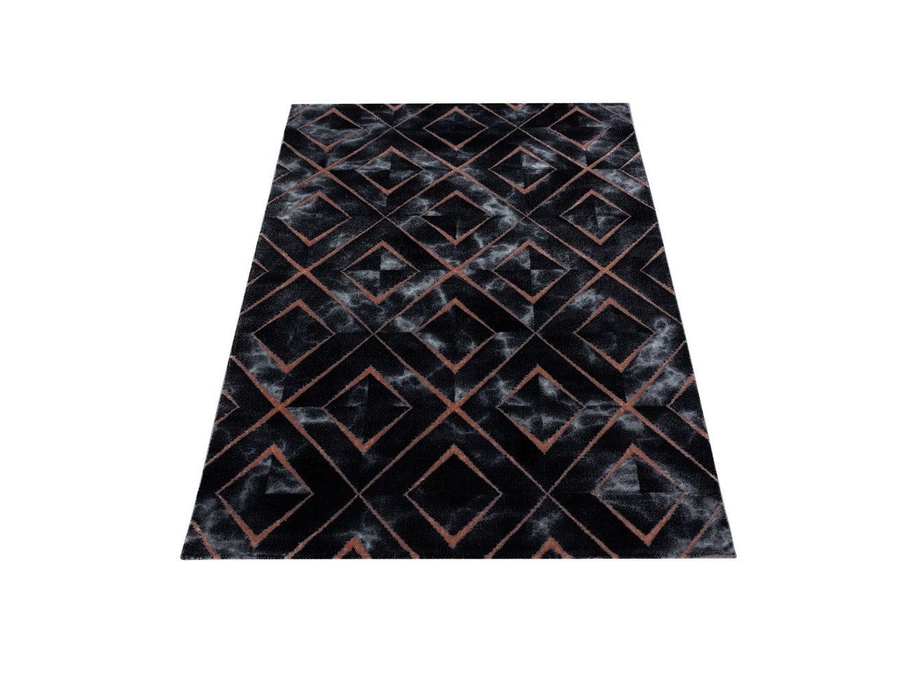 Wohnzimmerteppich Kurzflor Teppich Dunkel Marmoriert Rauten Karo Bronze