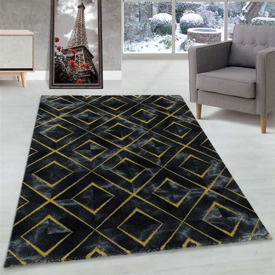 Oturma odası halısı, kısa tüylü kilim, koyu mermer elmas kareli altın