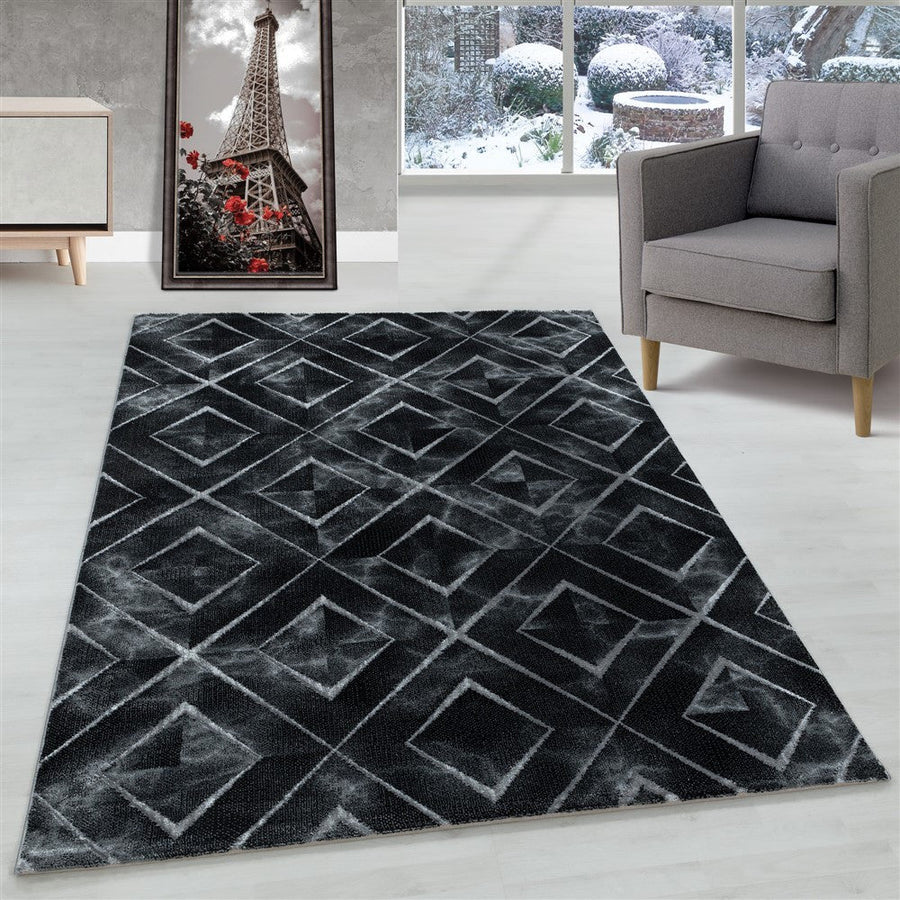Oturma odası halısı, kısa tüylü kilim, koyu mermer, eşkenar dörtgen, kareli, gümüş