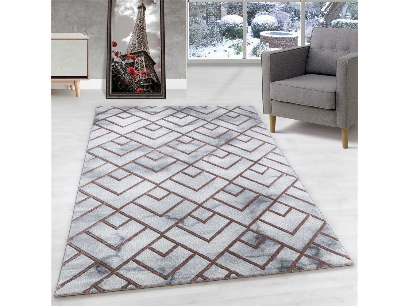 Wohnzimmerteppich Kurzflor Teppich Muster Marmoriert Linien Karo Bronze