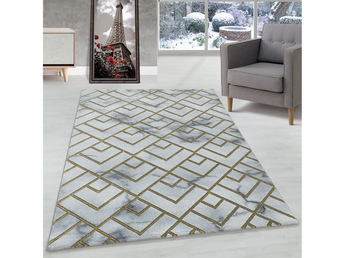 Wohnzimmerteppich Kurzflor Teppich Muster Marmoriert Linien Karo Gold