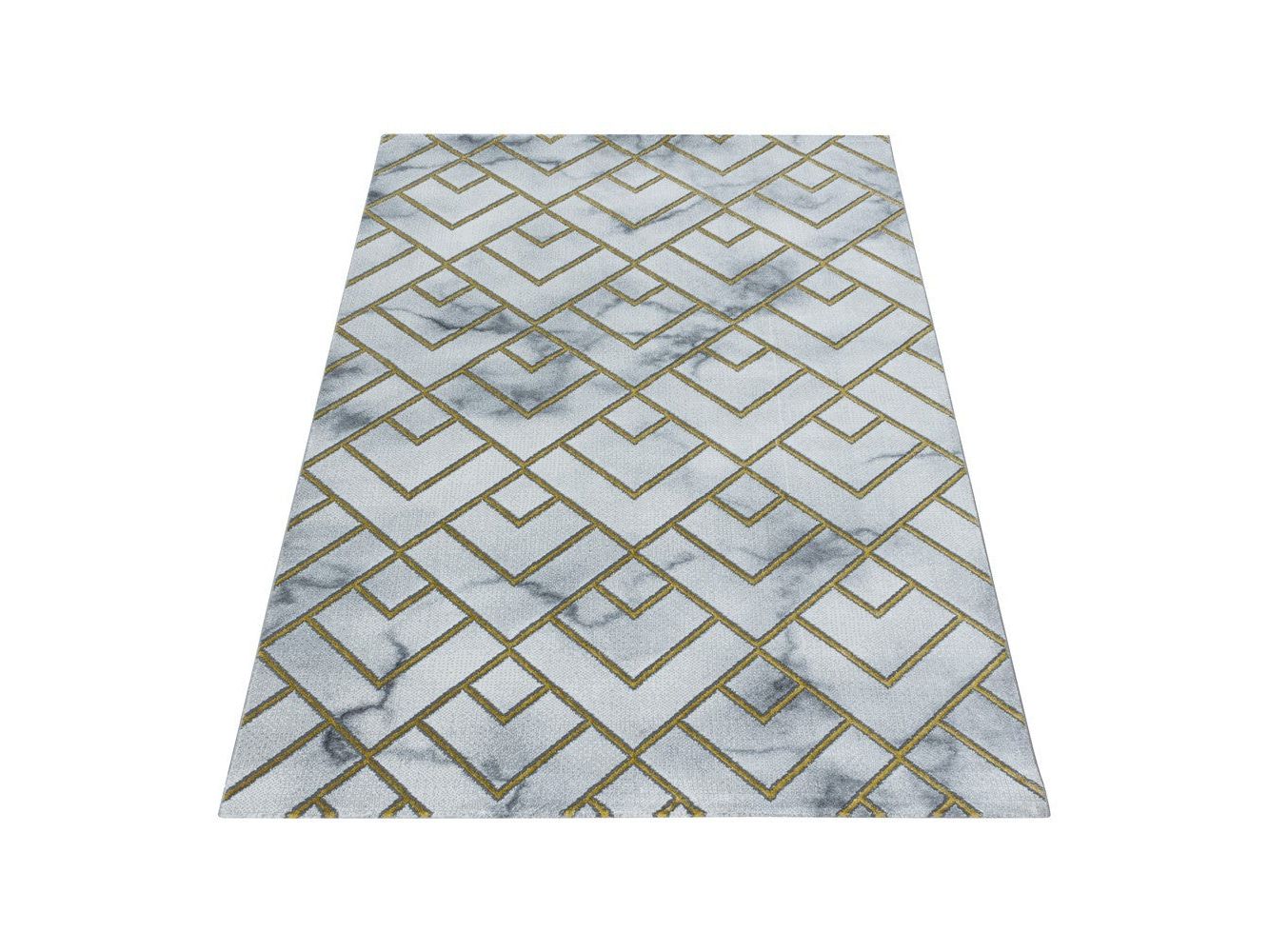 Wohnzimmerteppich Kurzflor Teppich Muster Marmoriert Linien Karo Gold