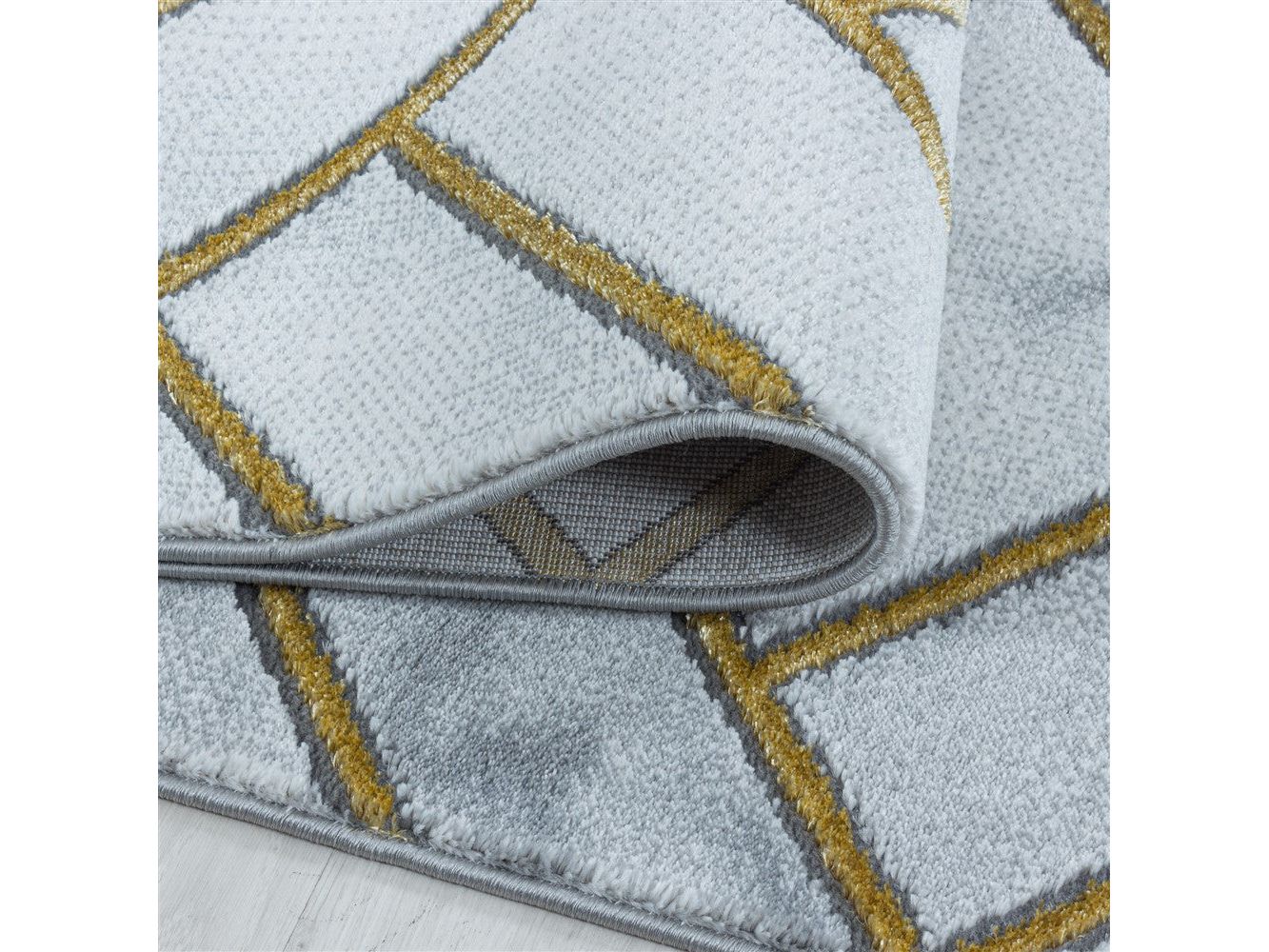 Wohnzimmerteppich Kurzflor Teppich Muster Marmoriert Linien Karo Gold