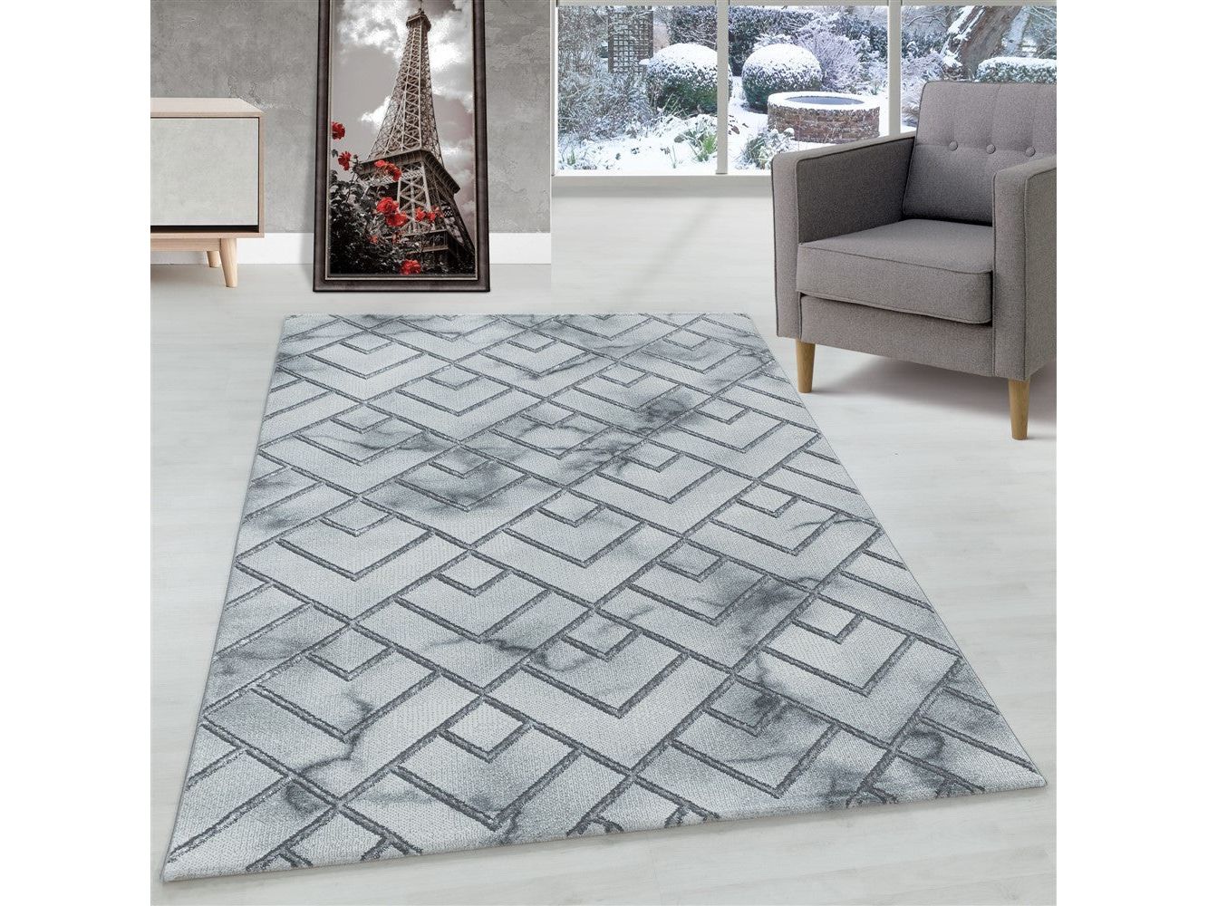 Wohnzimmerteppich Kurzflor Teppich Muster Marmoriert Linien Karo Silber