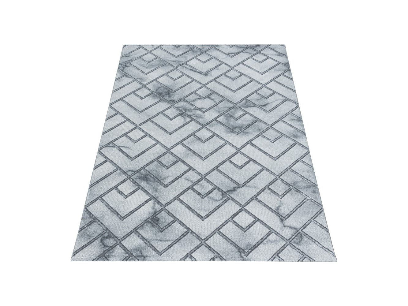Wohnzimmerteppich Kurzflor Teppich Muster Marmoriert Linien Karo Silber