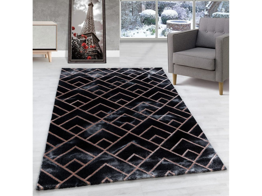 Wohnzimmerteppich Kurzflor Teppich Dunkel Marmoriert Linien Karo Bronze