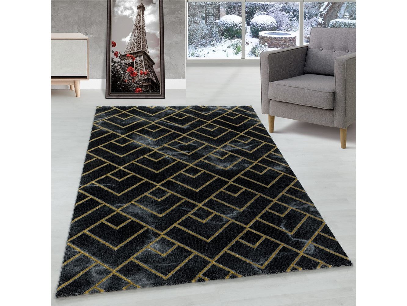 Wohnzimmerteppich Kurzflor Teppich Dunkel Marmoriert Linien Karo Gold