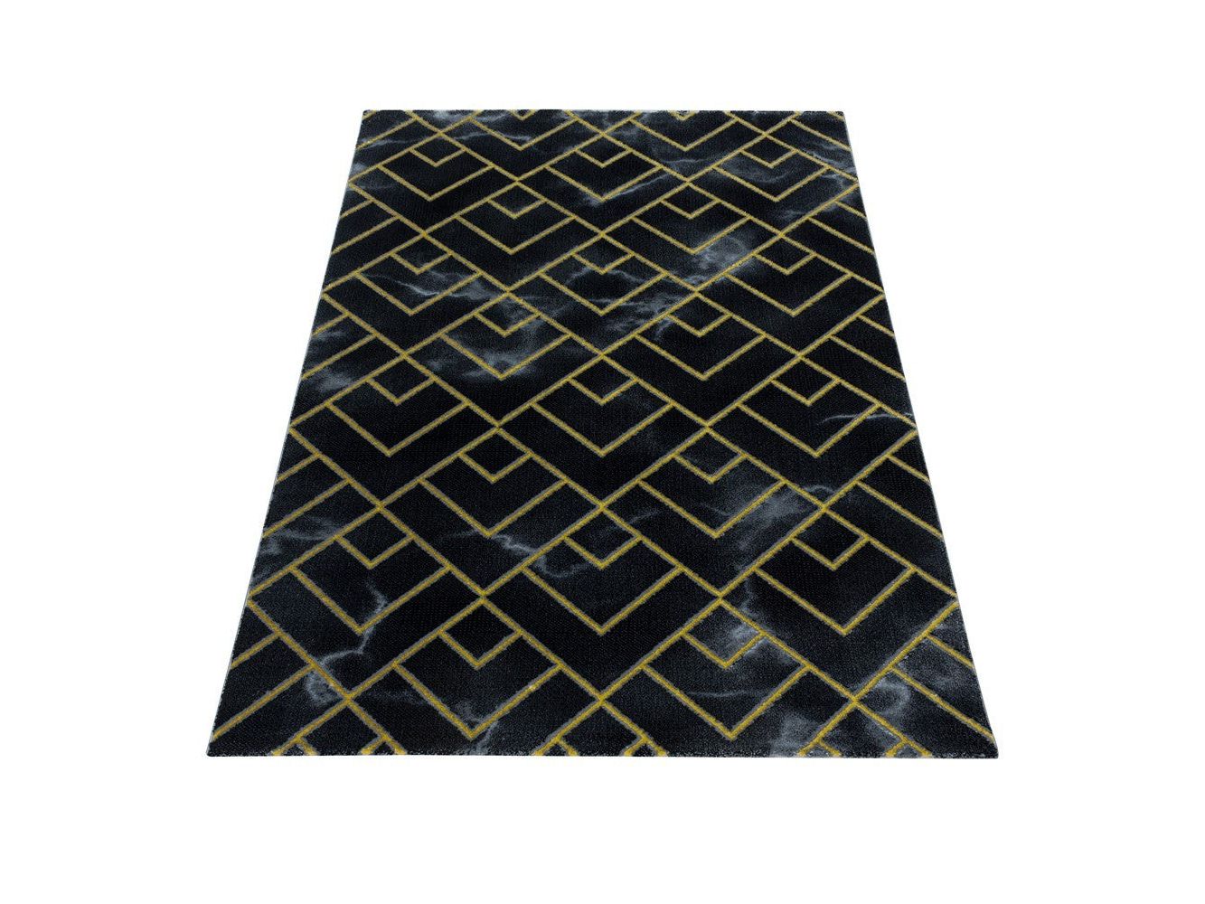 Wohnzimmerteppich Kurzflor Teppich Dunkel Marmoriert Linien Karo Gold