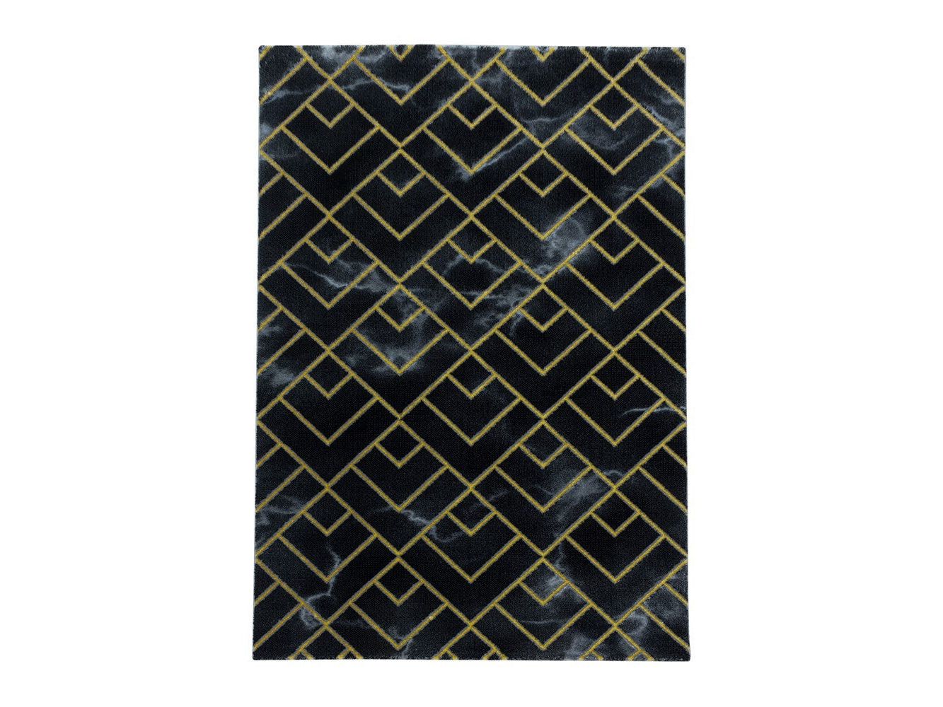 Wohnzimmerteppich Kurzflor Teppich Dunkel Marmoriert Linien Karo Gold