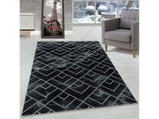 Wohnzimmerteppich Kurzflor Teppich Dunkel Marmoriert Linien Karo Silber