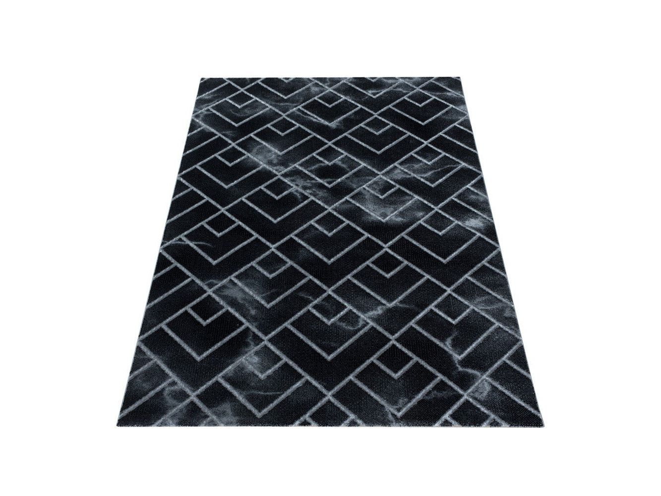 Wohnzimmerteppich Kurzflor Teppich Dunkel Marmoriert Linien Karo Silber