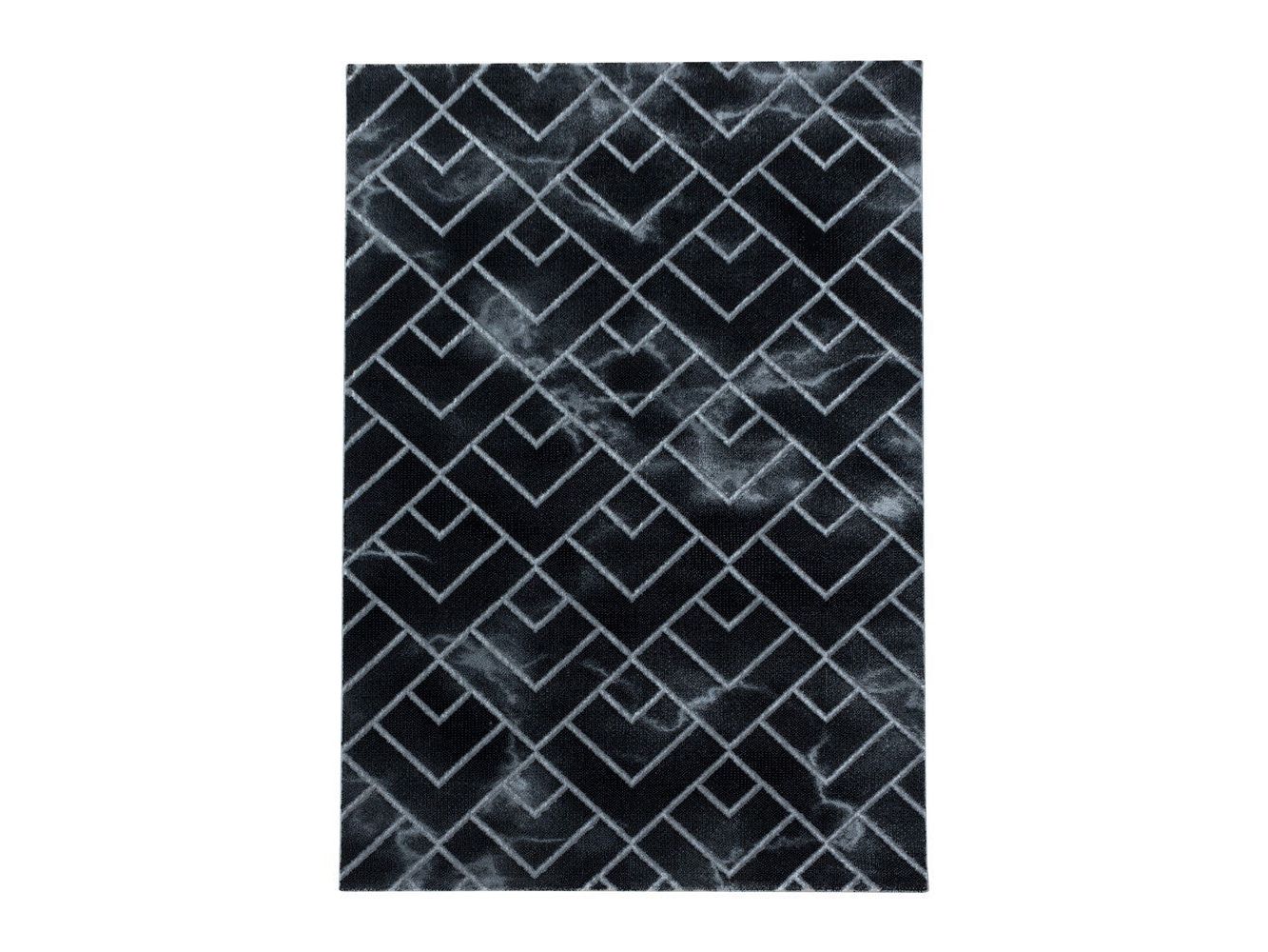 Wohnzimmerteppich Kurzflor Teppich Dunkel Marmoriert Linien Karo Silber