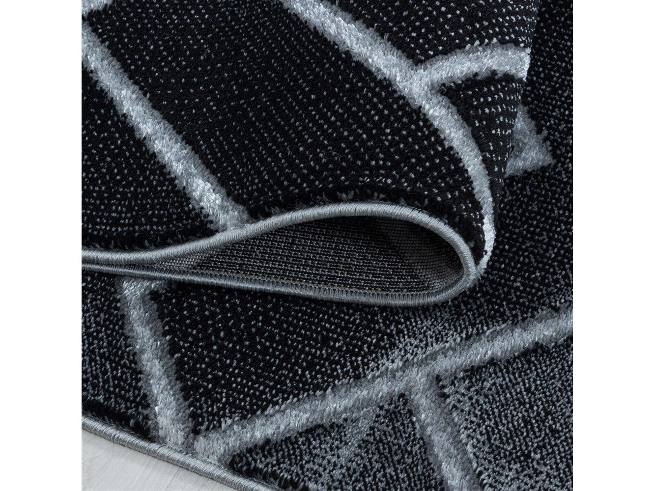 Wohnzimmerteppich Kurzflor Teppich Dunkel Marmoriert Linien Karo Silber