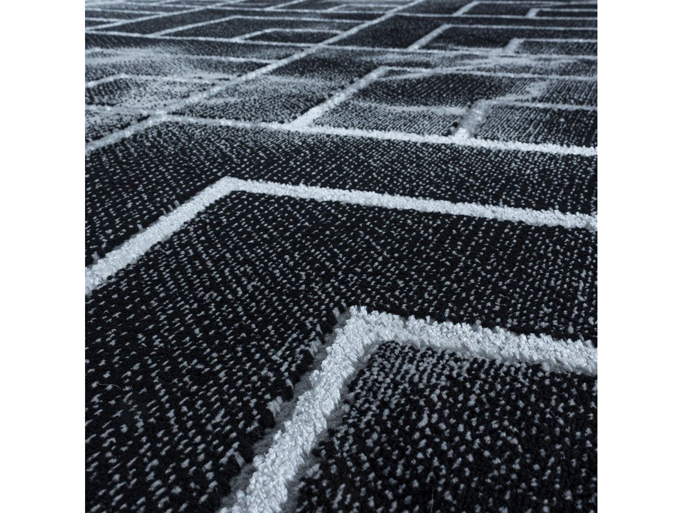 Wohnzimmerteppich Kurzflor Teppich Dunkel Marmoriert Linien Karo Silber